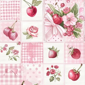 May include: A patchwork fabric design featuring a repeating grid of squares in shades of pink and white. The pattern includes illustrations of red cherries, pink roses, strawberries, and light pink bows, set against gingham and polka dot backgrounds.