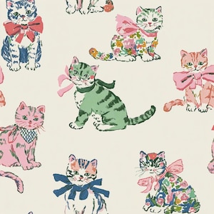 May include: A repeating pattern on a cream background featuring various illustrated cats. Some cats wear large pink or blue bows, while others have floral patterned fur or wear checkered neckerchiefs. The cats are depicted in sitting positions.