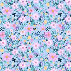 Purple Flowers Cotton Fabric By Half Yard | Floral Cartoon Print | 55&quot; Wide | DIY Sewing, Quilting, Crafts