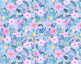 Tela de algodón con flores moradas, media yarda, estampado floral de dibujos animados, 140 cm de ancho, ideal para costura, acolchado y manualidades.