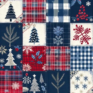 Puede incluir: Un diseño de tela de patchwork con una cuadrícula de cuadrados con motivos navideños que incluyen árboles de Navidad azul marino y blancos, patrones de cuadros rojos y blancos, vichy azul y blanco, bayas de acebo rojas y copos de nieve blancos.