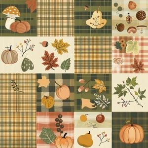 May include: A grid pattern fabric featuring sixteen squares with alternating designs of autumn-themed illustrations and plaid textures. The motifs include orange pumpkins, mushrooms, pears, various fall leaves, berries, and branches in shades of green, brown, and cream.