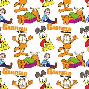 May include: A repeating pattern featuring Garfield, Odie, and Jon Arbuckle from "Garfield: The Movie." The orange Garfield is in various poses, including lounging and with arms raised. Odie is yellow with a long red tongue. Jon is in a blue shirt.