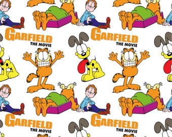 May include: A repeating pattern featuring Garfield, Odie, and Jon Arbuckle from "Garfield: The Movie." The orange Garfield is in various poses, including lounging and with arms raised. Odie is yellow with a long red tongue. Jon is in a blue shirt.