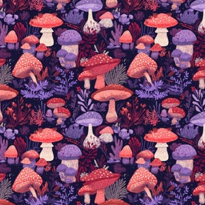 Magic Fantastic Purple Mushroom Cotton Fabric By Half Yard |55&quot; Wide | DIY Sewing, Quilting, Crafts