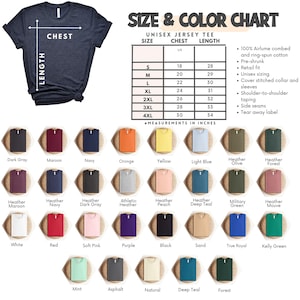 May include: A navy blue unisex jersey tee shirt with a size and color chart. The chart lists chest and length measurements in inches for sizes S to 4XL. The color options include dark gray, maroon, navy, orange, and many more.