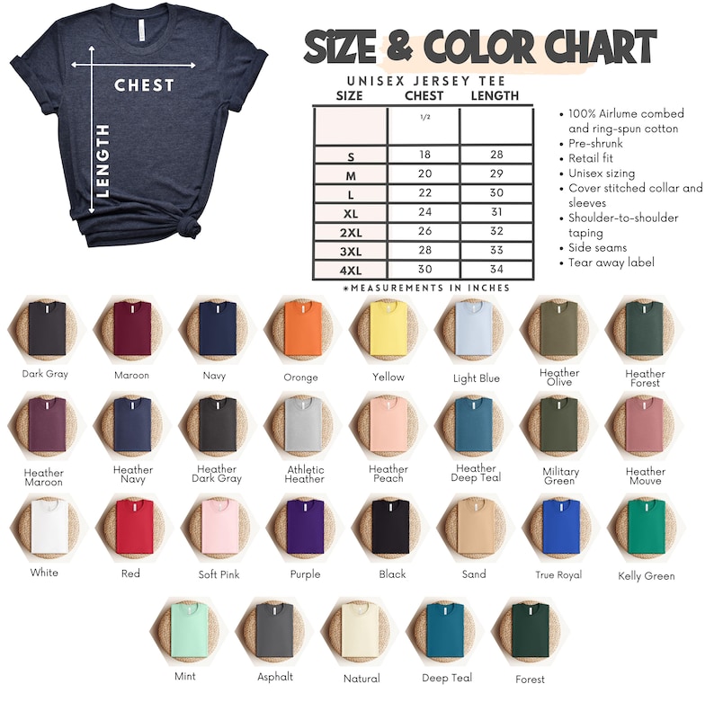 May include: A navy blue unisex jersey tee shirt with a size and color chart. The chart lists chest and length measurements in inches for sizes S to 4XL. The color options include dark gray, maroon, navy, orange, and many more.