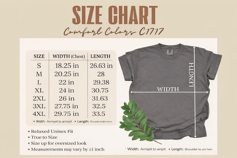 Pu&ograve; includere: Tabella delle taglie per t-shirt Comfort Colors C1717, con misure in pollici. La tabella include le taglie dalla S alla 4XL, con dettagli sulla larghezza del petto e la lunghezza della maglietta. Viene mostrata una t-shirt grigia.