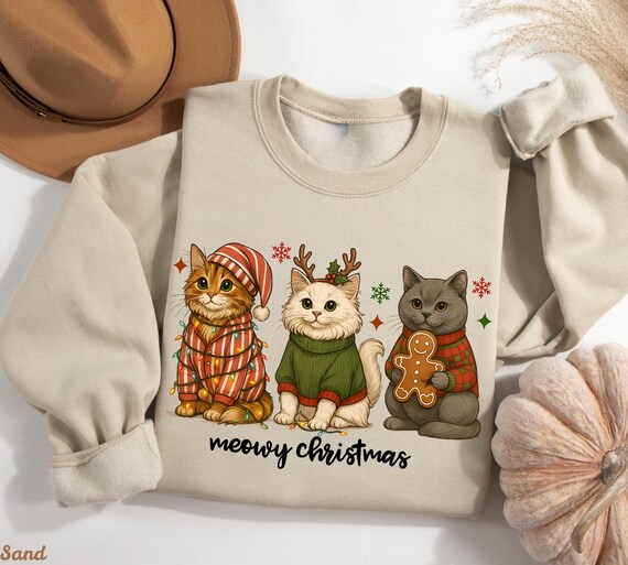 Meowy Christmas Cat Sweatshirt, Cat Lover Xmas Gift