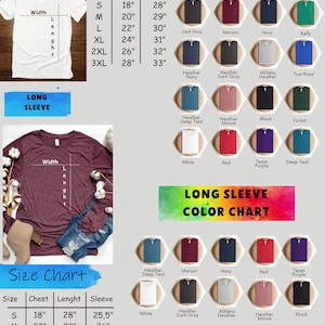 May include: A product image featuring a white unisex V-neck t-shirt and a maroon long-sleeve shirt. The image includes size and color charts for both shirt styles. The size chart provides measurements in inches for chest and length.