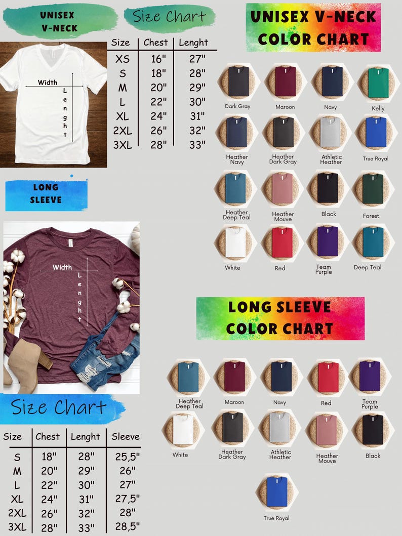 May include: A product image featuring a white unisex V-neck t-shirt and a maroon long-sleeve shirt. The image includes size and color charts for both shirt styles. The size chart provides measurements in inches for chest and length.
