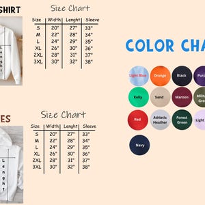 May include: Image features a white sweatshirt and a white hoodie with size charts and a color chart. The size charts list measurements for width, length, and sleeve length in inches. The color chart displays various color options.
