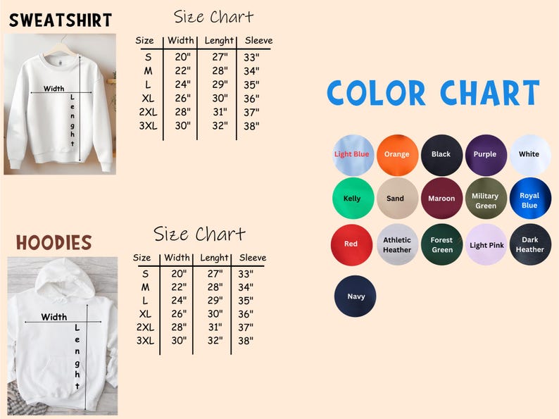 May include: Image features a white sweatshirt and a white hoodie with size charts and a color chart. The size charts list measurements for width, length, and sleeve length in inches. The color chart displays various color options.