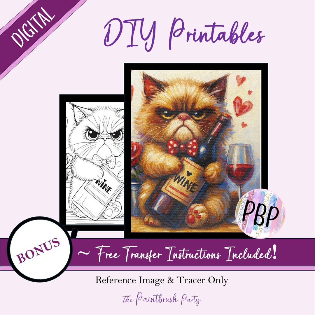Grumpy Valentine Cat Paint Party Printable: DIY Painting Template ...