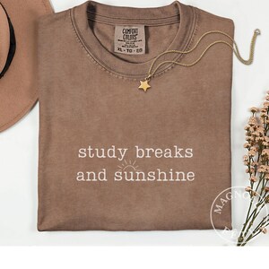 May include: A brown t-shirt with the words "study breaks and sunshine" printed in white. A gold star pendant necklace and a brown hat are also visible. The shirt has a crew neck and a tag that says "Comfort Colors".