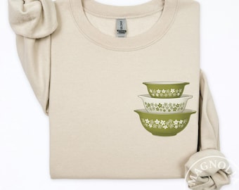 Vintage Green Pyrex Bowl Stack Sweatshirt | Retro Kitchen