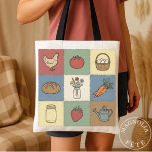 Patchwork Quilt Tote, Cottagecore Farmhouse Grocery Bag, Farmers Market Tote