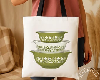 Vintage Pyrex Inspired Tote Bag, Green Floral Mixing Bowls, Cottagecore Kitchen
