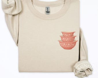 Vintage Pink Pyrex Inspired Sweatshirt, Retro Kitchenware Crewneck, Cozy Cottagecore Gift