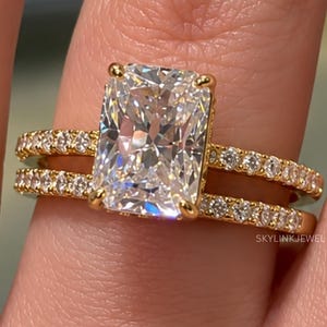 Verlobungsring-Set mit 4-Karat-Moissanit im Radiant-Schliff, 14-Karat-Goldring im Radiant-Schliff, Ehering mit verstecktem Halo, Stapelring-Set, Geschenk zum Jahrestag