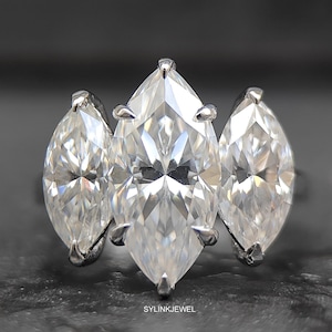 Marquise Cut Moissanite Engagement Ring Marquise 3 Stone Diamond Wedding Ring 6 Prong Unique Proposal Solitaire White Gold Ring For Her