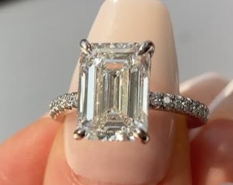 4ct Emerald Cut Moissanite Engagement Ring, 14K White Gold Solitaire Ring, Moissanite Diamond Ring for Her, 4-Prong Wedding Promise Ring