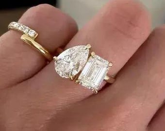 Toi et Moi Ring, Promise Ring, Engagement Ring, Moissanite Ring, Two Stone Ring, Solitaire Ring Wedding Ring, Anniversary Ring, Gift for Her
