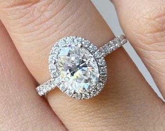 Halo Engagament Ring, Halo Moissanite Diamond Ring, 14K White Gold Wedding Ring, Silver Promise Ring, Anniversary Gift For Her