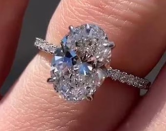 Anillo de compromiso de moissanita ovalada de 3,00 quilates con halo oculto ovalado, anillo de oro macizo de 14 k, anillo de bodas de corte ovalado, anillo solitario ovalado, regalos de aniversario