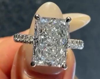 Radiant Cut Solitaire Engagement Ring Hidden Halo 14K White Gold Ring Moissanite Engagement Ring Wedding Ring For Women Gift For Girlfriend