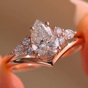 Pear shaped Moissanite engagement ring set Rose gold engagement ring Vintage Bridal set Diamond wedding Curved Anniversary Promise ring set