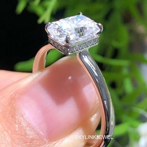 4ct Radiant Cut Moissanite Engagement Ring, Radiant Solitaire Moissanite Ring, 14k Solid Gold Hidden Halo Ring, Anniversary Gift Ring