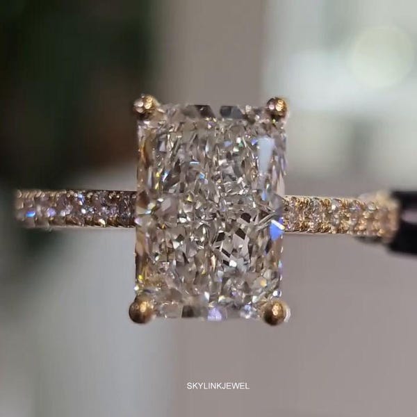 4CT Radiant Cut Lab Grown Diamond Engagement Ring, E VVS2 Solitaire Hidden Halo in Silver or 10K 14K 18K Gold Gift for Her