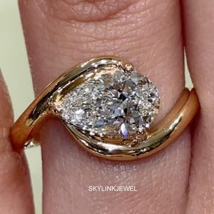 East West Pear Cut Moissanite Engagement Ring 14K Solid Gold Bypass Ring Unique Wedding Ring Pear Diamond Ring Anniversary Rings