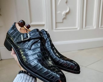 Black Crocodile Leather Monk Strap Luxury Handmade Dress Shoes for Men