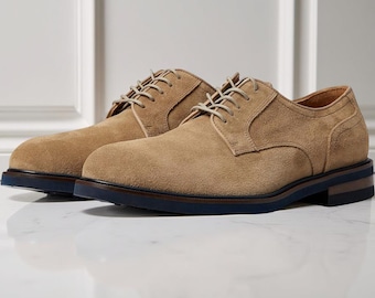 Men’s Beige Suede Derby Shoes Plain Toe Lace Up Dress Shoes Casual Formal Lightweight Style