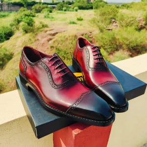 Two-Tone Cap Toe Leather Oxfords: Handmade Lace-Up Dress Shoes