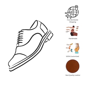 May include: Line drawing of a leather oxford shoe with laces. The shoe is black and white, with a classic design. The image also includes icons for free worldwide shipping, handmade, 100% customized, and best quality leather.