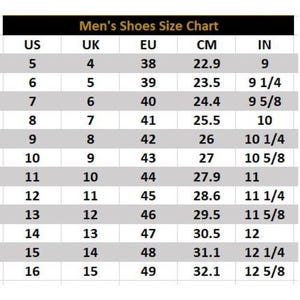 May include: A shoe size chart labeled "Men's Shoes Size Chart" with US, UK, EU, CM, and IN measurements. The chart includes sizes from US 5 (22.9 cm, 9 in) to US 16 (32.1 cm, 12 5/8 in).