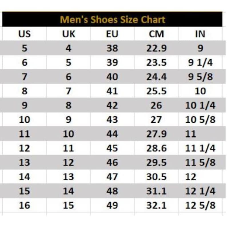 May include: A shoe size chart labeled "Men's Shoes Size Chart" with US, UK, EU, CM, and IN measurements. The chart includes sizes from US 5 (22.9 cm, 9 in) to US 16 (32.1 cm, 12 5/8 in).
