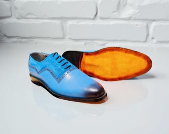 メンズ ツートーン ブルー オックスフォード シューズ ブローグ レザー スエード レースアップ ドレスシューズ