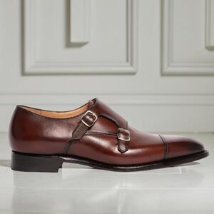 Men's Brown Cap Toe Double Monk Strap Handmade Leather Dress Shoes