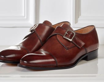 Men’s Brown Single Monk Strap Shoes Handmade Leather Dress Classic Monk