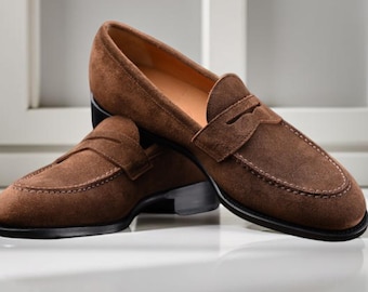 Men’s Brown Suede Penny Loafers Handmade Casual Slip-On Shoes