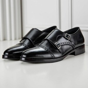 Black Double Monk Strap Cap Toe Brogue Shoes for Men Handmade Leather Dress Shoes