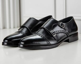 Black Double Monk Strap Cap Toe Brogue Shoes for Men Handmade Leather Dress Shoes