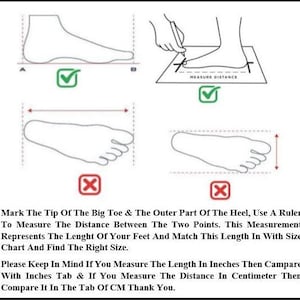 May include: Diagram illustrating how to measure foot length for shoe sizing. Includes line drawings of feet, rulers, and text instructions. The text reads: "Mark The Tip Of The Big Toe & The Outer Part Of The Heel..."