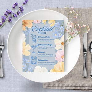 Modelo de cardápio de coquetel de casamento com aquarela floral, design editável do Canva, placa de bar de bebidas para impressão, festa de recepção, suíte de casamento combinando