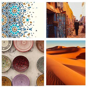 May include: A collage of four images. Top left: a geometric pattern in blue, brown, and white. Top right: a street scene with a person walking away. Bottom left: decorative plates. Bottom right: sand dunes.