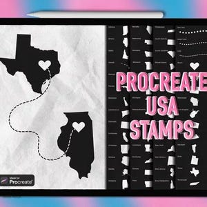 May include: A digital tablet displays a Procreate USA Stamps design. The design features black silhouettes of U.S. states, with hearts marking locations. The text "Procreate USA Stamps" is in pink. A stylus rests on the tablet.